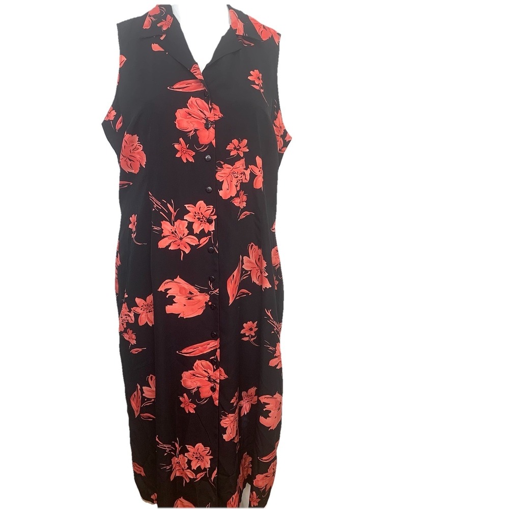 Studio 1 Black Floral‎ Button Front Dress 24W Sleeveless Vacation Tropical Boho